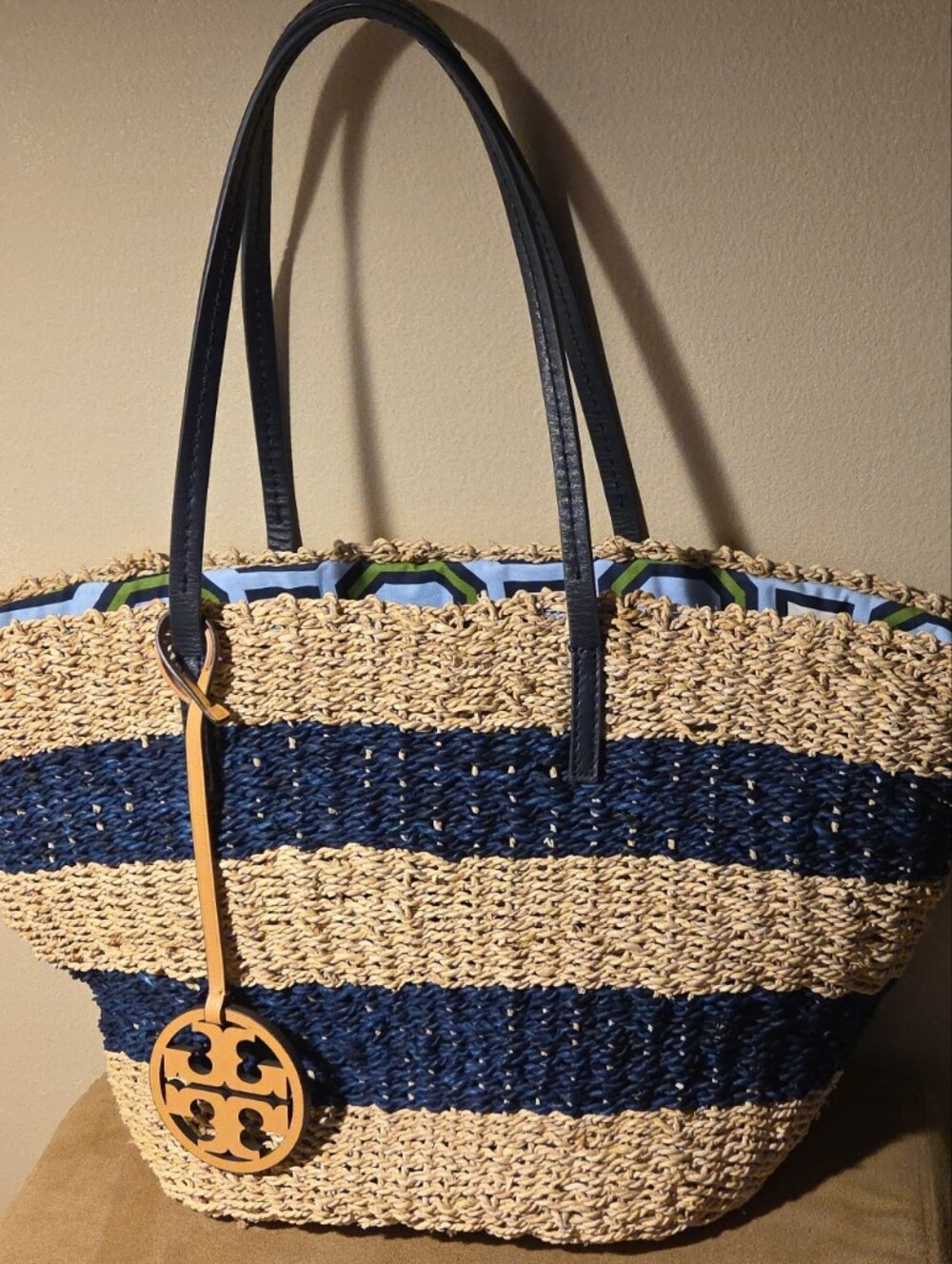 Tory Burch Navy and Natural Straw Stripe Tote with Logo Charm